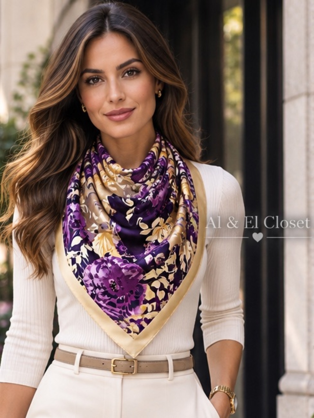 NWT Purple Floral Square Scarf 34.5” Cream Gold Silky Polyester Flower Print